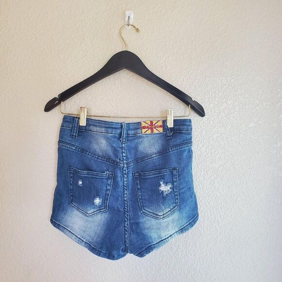 Machine Womens Shorts Blue 28 Flag Distressed Booty Jean High Waisted - Picture 4 of 7